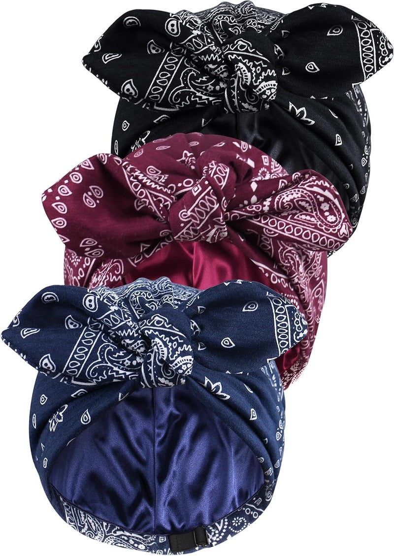 Babalet Store 3PCS Satin Lined Beanies for Women Pre-Tied Bowknot Chemo Headwear Silky Lined Cotton Sleeping Cap - Image 1